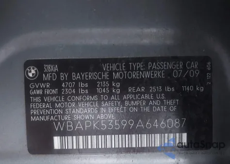 2009 BMW 328I xDrive z USA, uszkodzony, nr VIN WBAPK53599A646087